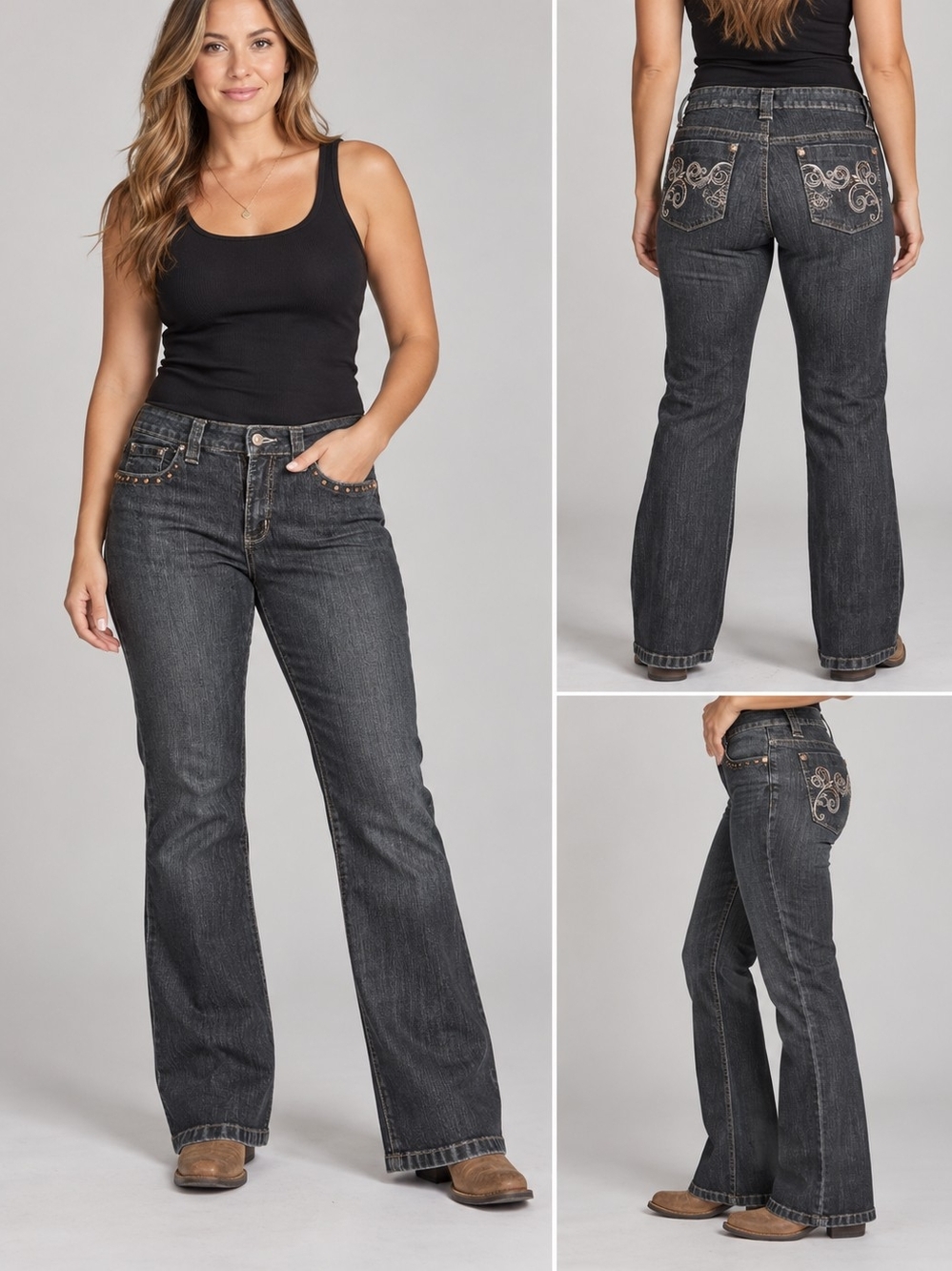 Women's Dark Gray Embroidered Bootcut Jeans